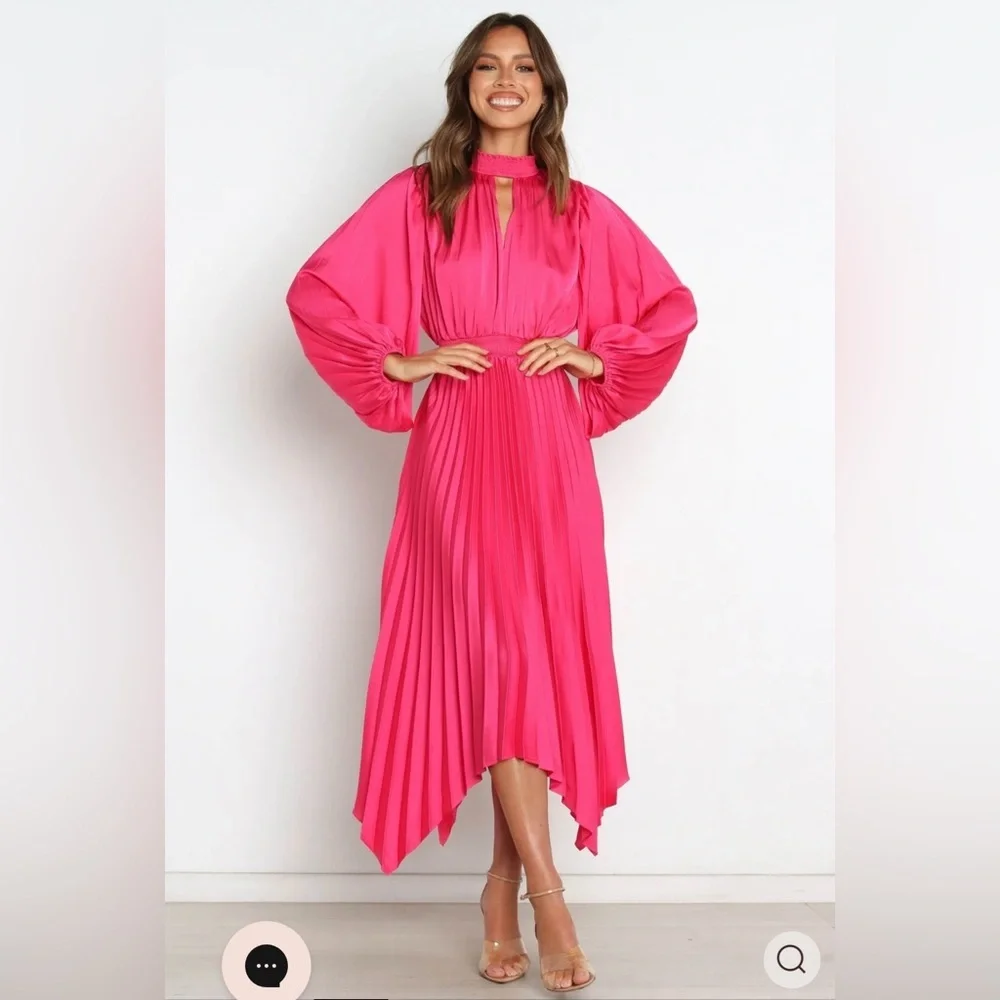Petal & Pup Pleated Long Sleeve Midi Semi Formal Pink Satin Cocktail Dress US 8 - Picture 1 of 12